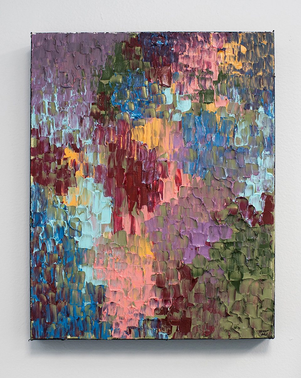Abstract art piece featuring multiple colors splattered over a canvas with texture.